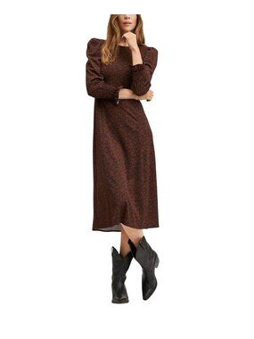 NWT Mango Smocked Printed Balloon Sleeve Sheath Dress Black / Brown Multi 16